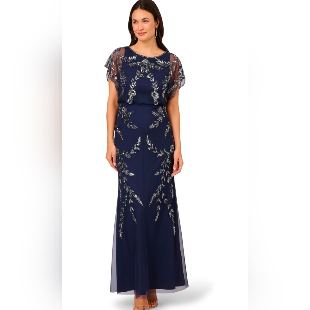 Adrianna Papell Women's Beaded Flutter-Sleeve Blouson Gown Size 6